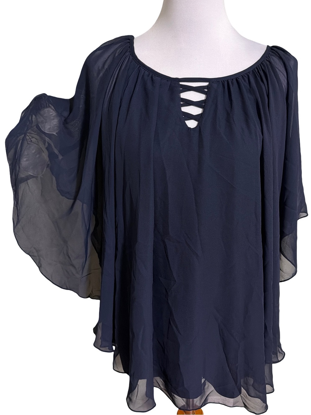 Cato Navy Crisscross Flutter Sleeve Blouse